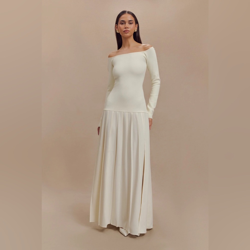 Meshki Knit Off Shoulder Dress- Ivory